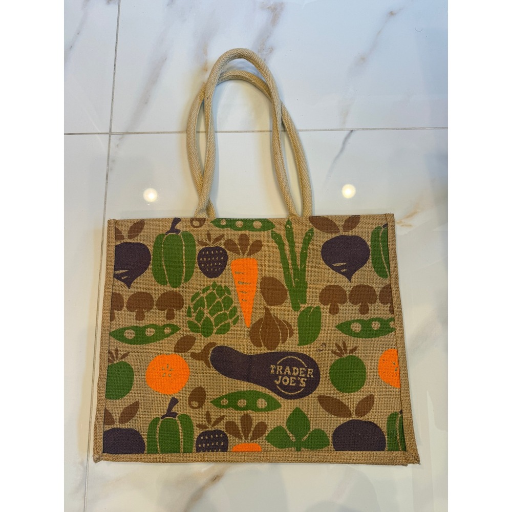 Trader Joes Jute Burlap Reusable Grocery Bag Vegetable Print Tote Eco Friendly